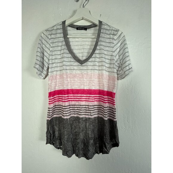 David Cline Womens V-Neck Striped Short-Sleeve Slate Top Small Gray/Pink Casual - Picture 1 of 8